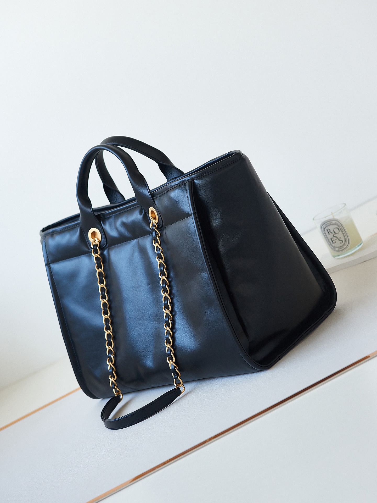 Calfskin Large Shopping Shoulder Bag Tote Bag A66941 Black 